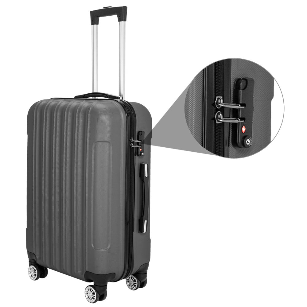 Gray suitcase with a close-up of the handle on a white background