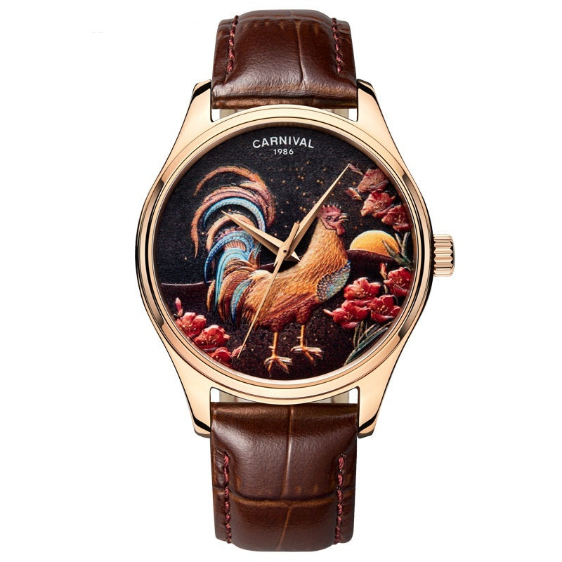 Watch with a rooster design on the dial and brown leather strap