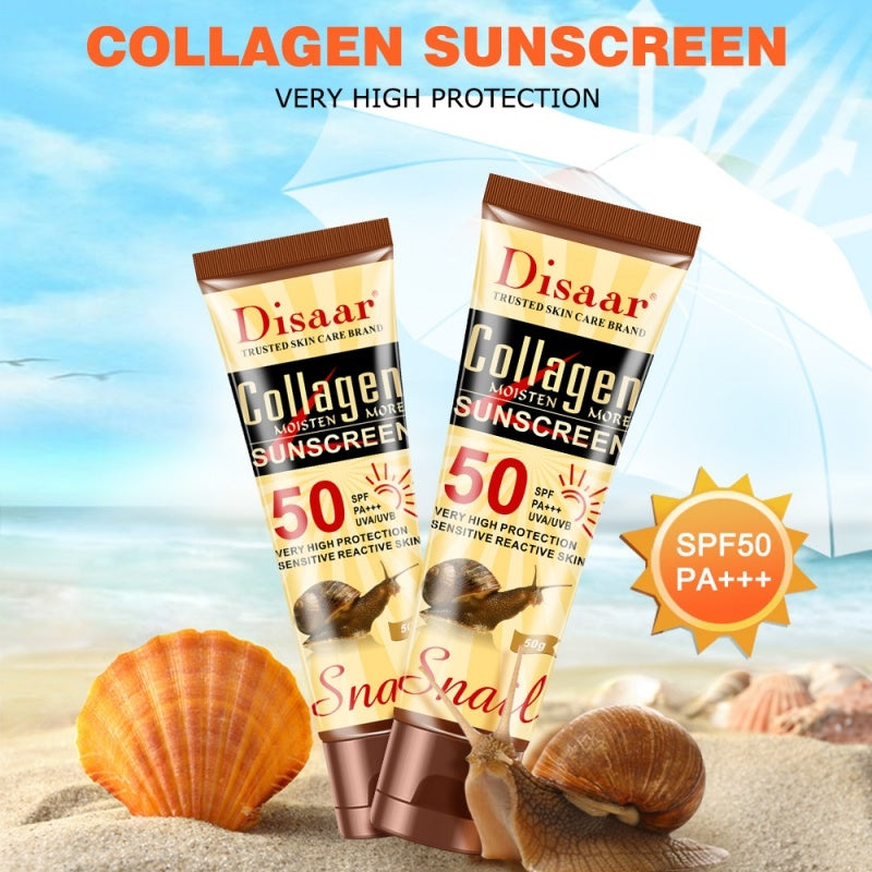 Two tubes of Disaar Collagen Sunscreen on a beach with shells and an umbrella in the background.