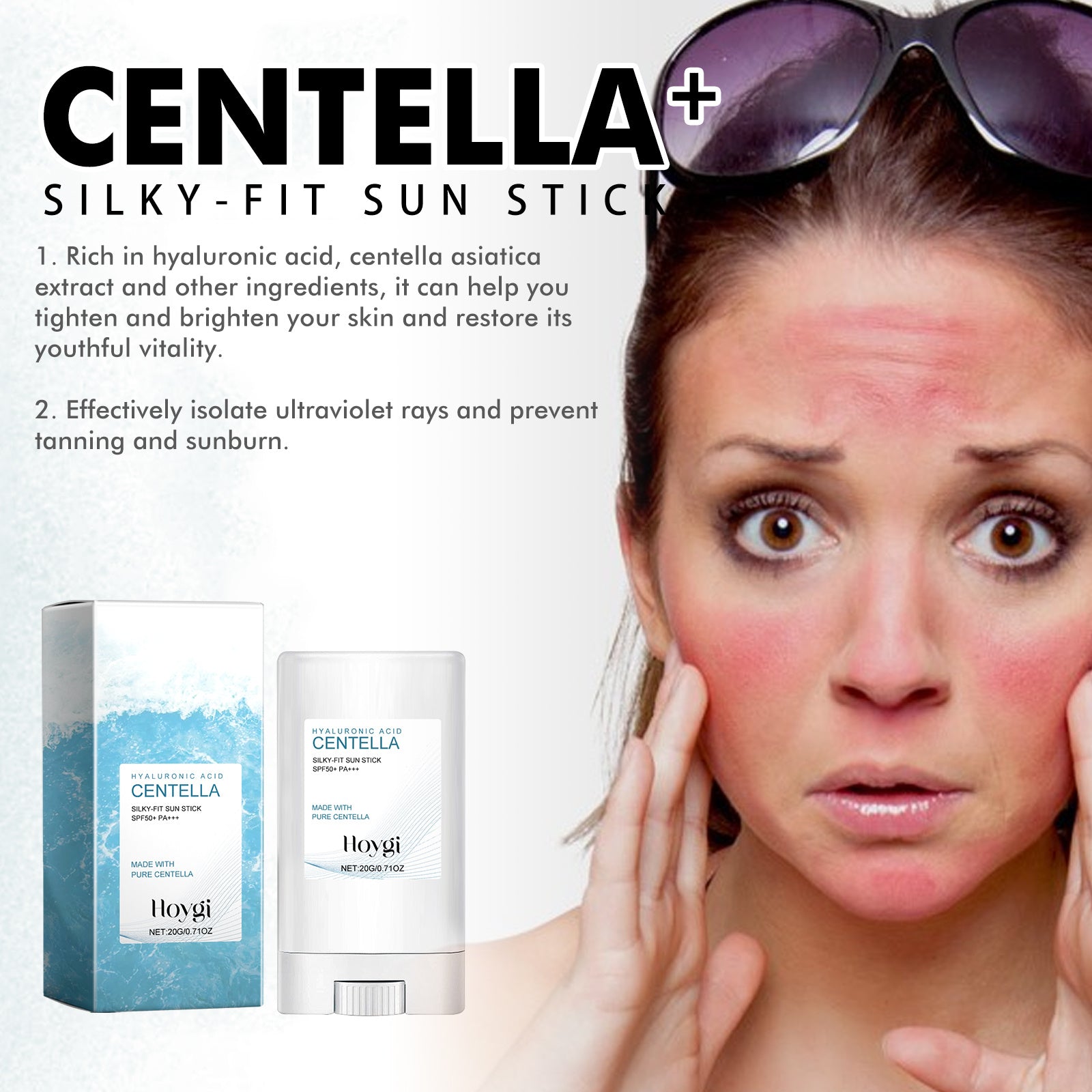 Advertisement for Centella silky-fit sun stick with a woman applying sunscreen.