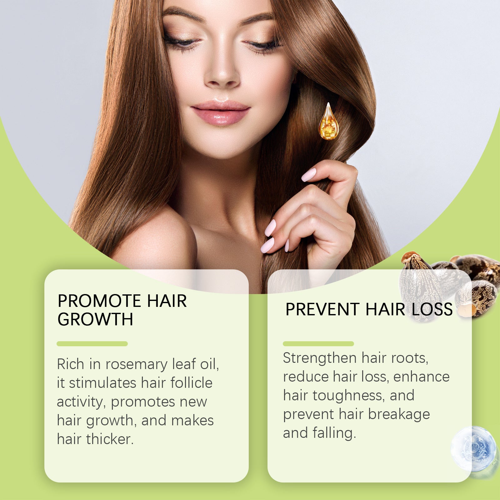 Woman with long hair holding a hair product, with text about promoting hair growth and preventing hair loss.