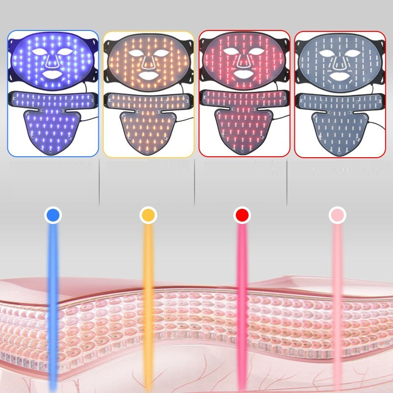 LED face mask with color options and skin layer illustration below on a gray background
