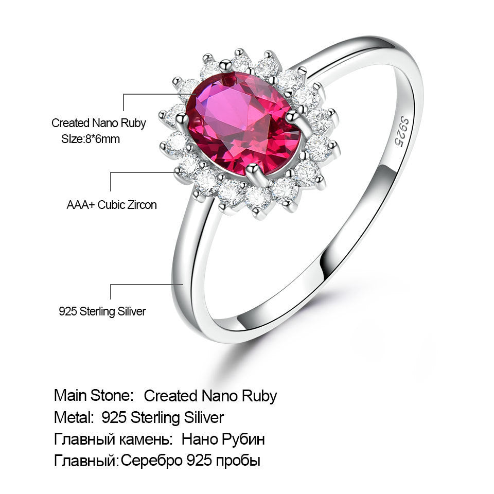 Silver ring with a red gemstone on a white background