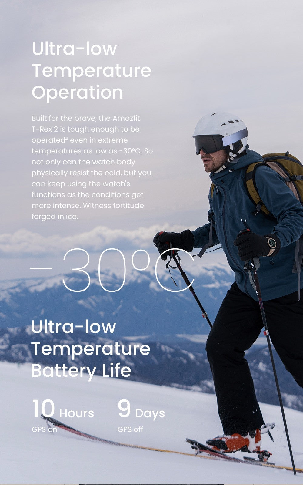 Person skiing with text about ultra-low temperature operation and battery life on a snowy mountain background