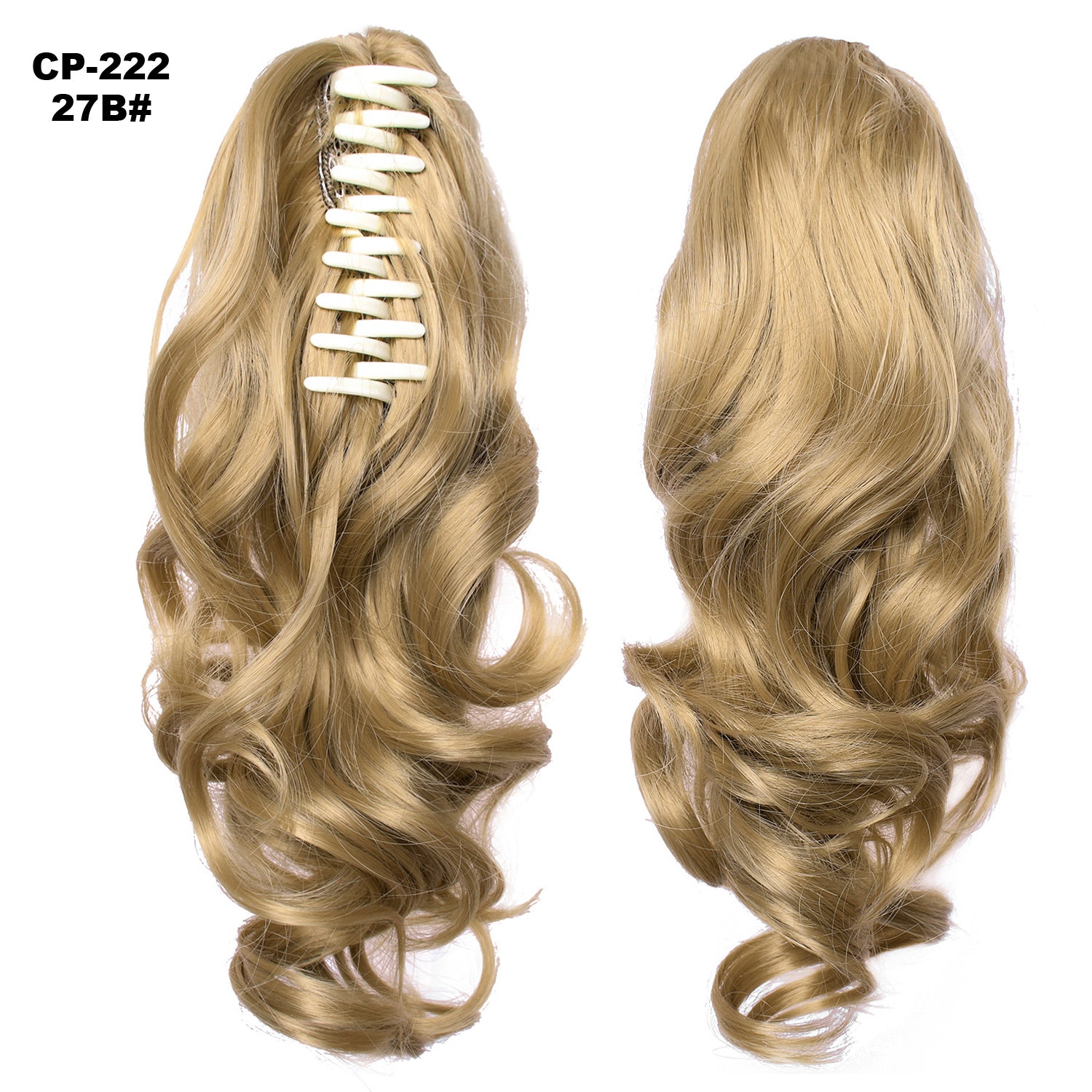 Blonde hair extension with a clip on the left and styled on the right against a white background.