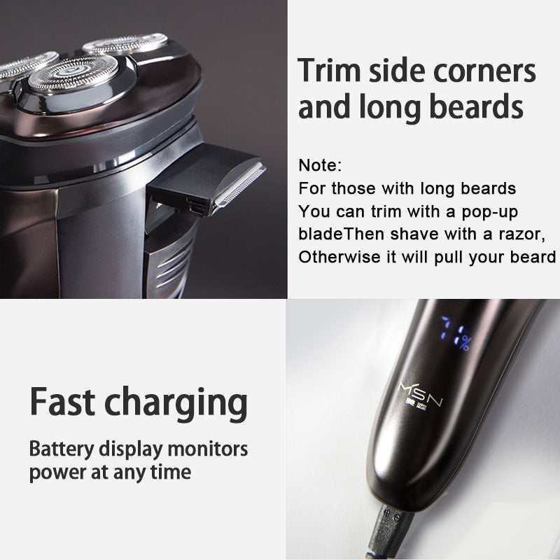 Electric shaver with charging cable and text on fast charging and usage instructions.