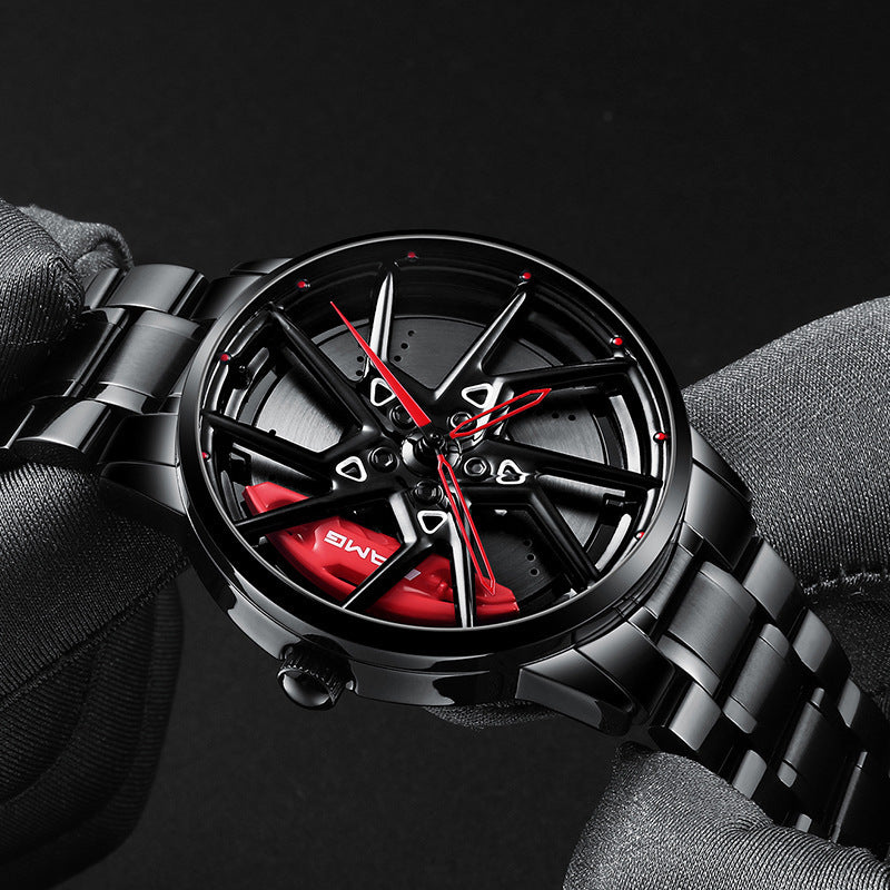 Watch with black rim and red accents on a dark background
