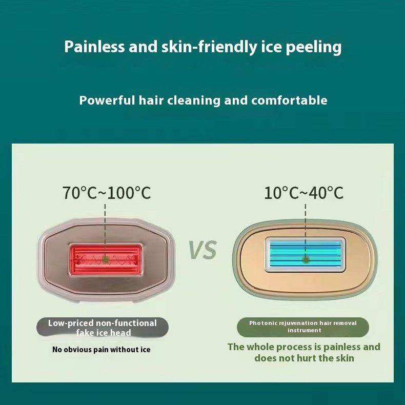 Comparison of a low-priced non-functional fake ice head and a photonic rejuvenation hair removal instrument on a green background.