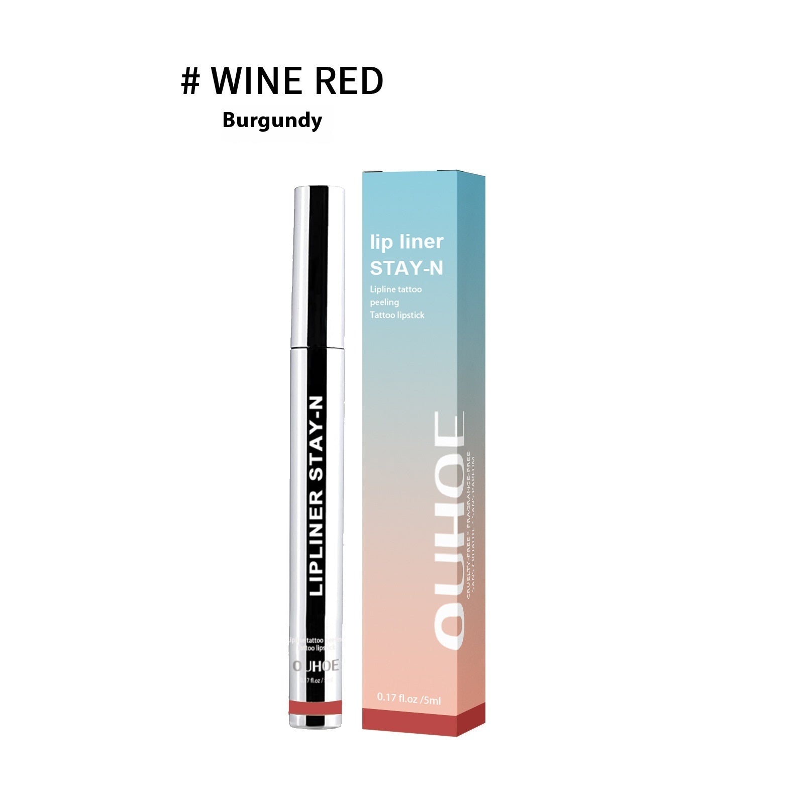 Lip liner with packaging on a white background, labeled 'Wine Red' and 'Burgundy'.
