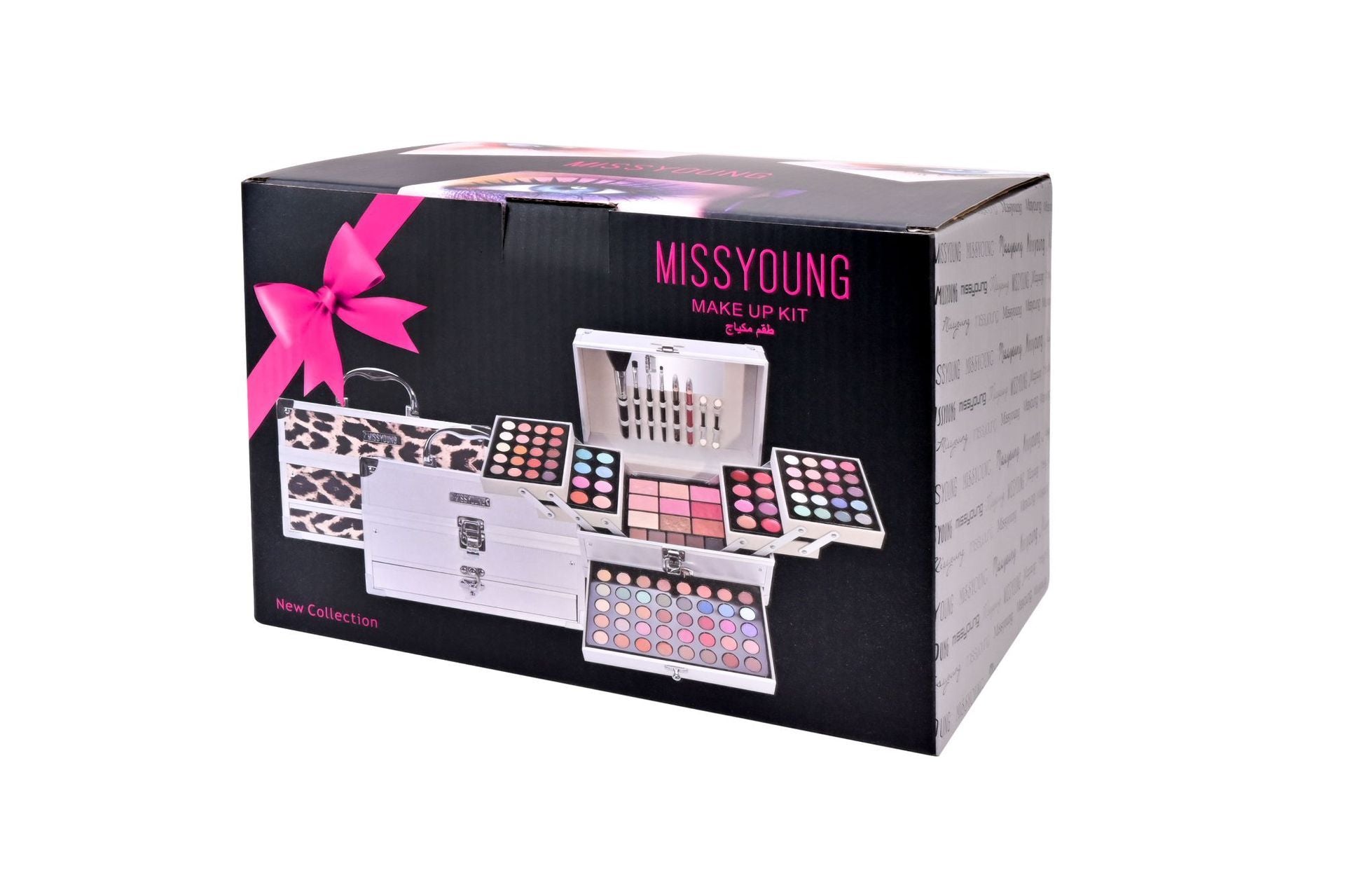 MissYoung makeup kit packaging with a black box and pink bow on a white background