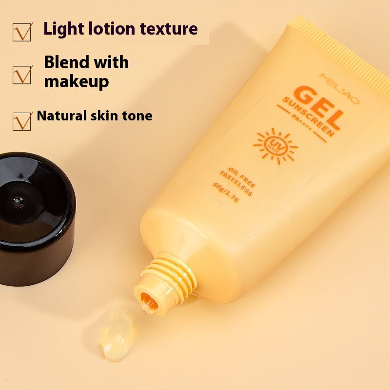 Sunscreen gel bottle with a droplet on a beige background, featuring text about product attributes.