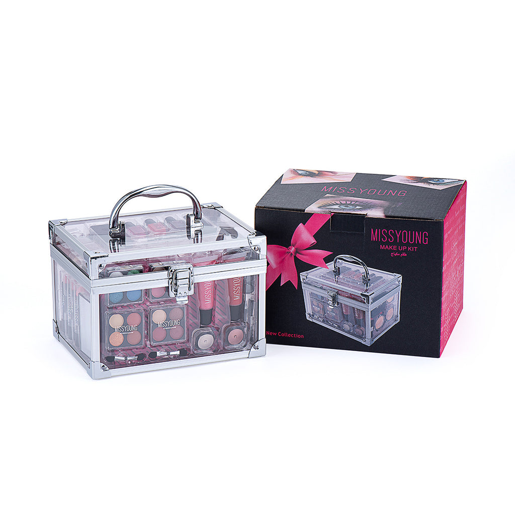 Makeup set in a clear case with packaging box featuring 'Miss Young' branding on a white background.