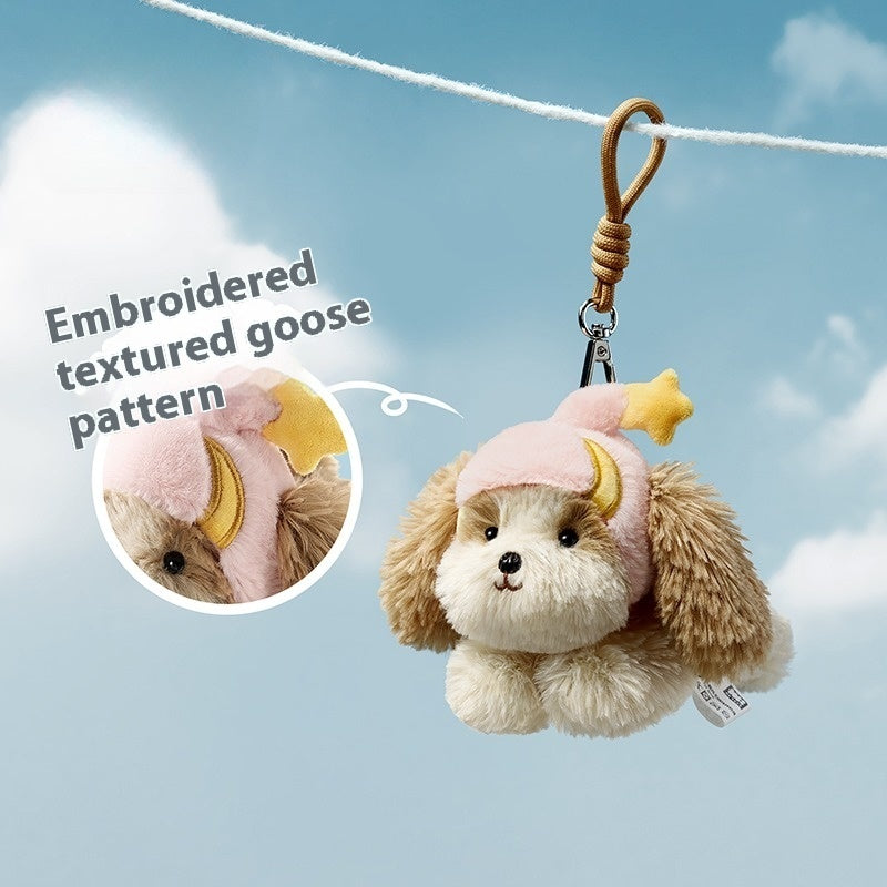 Plush dog toy with embroidered textured goose pattern against a blue sky background