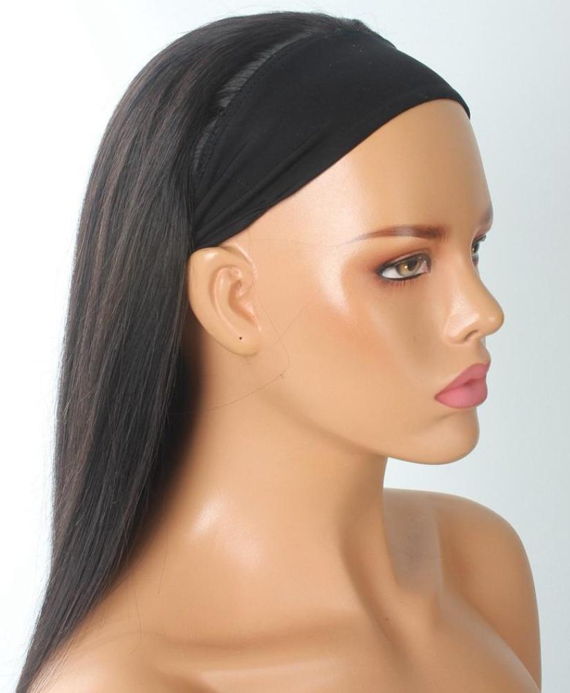 Mannequin head with long black hair styled in a headband on a white background