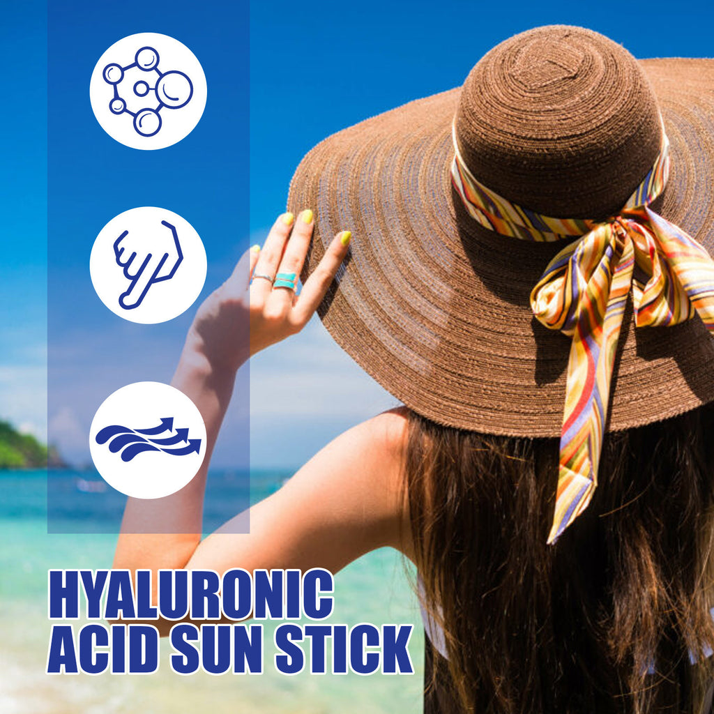 Woman wearing a sun hat with a scenic background, promoting a hyaluronic acid sun stick.