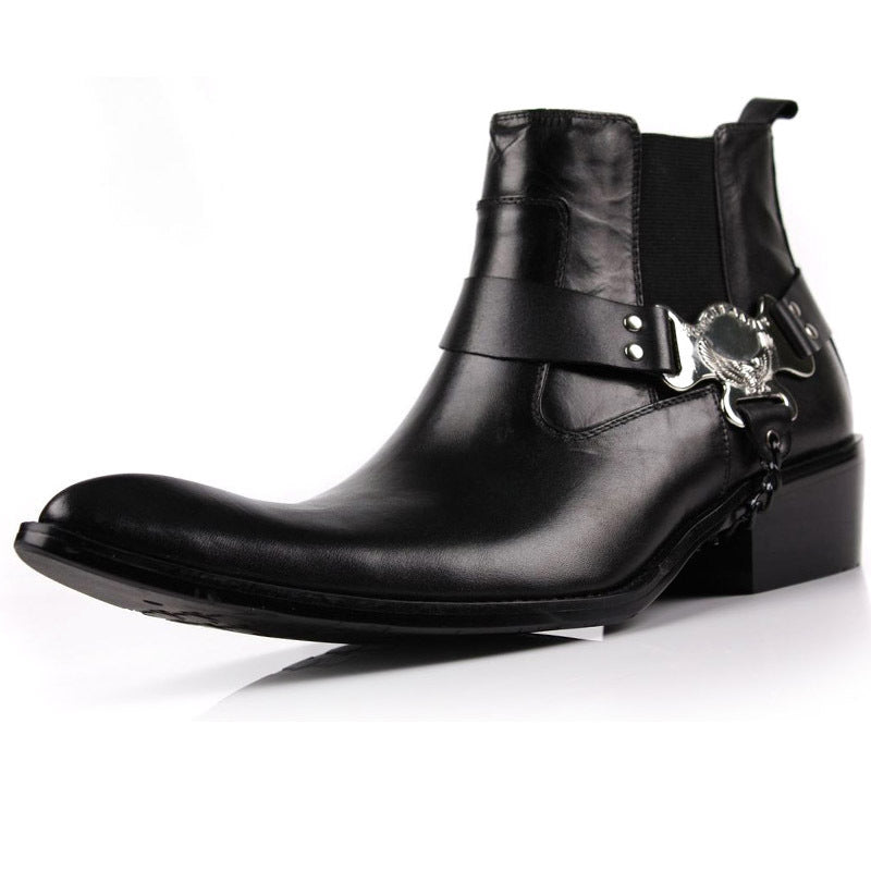 Black leather boot with a decorative buckle on a white background