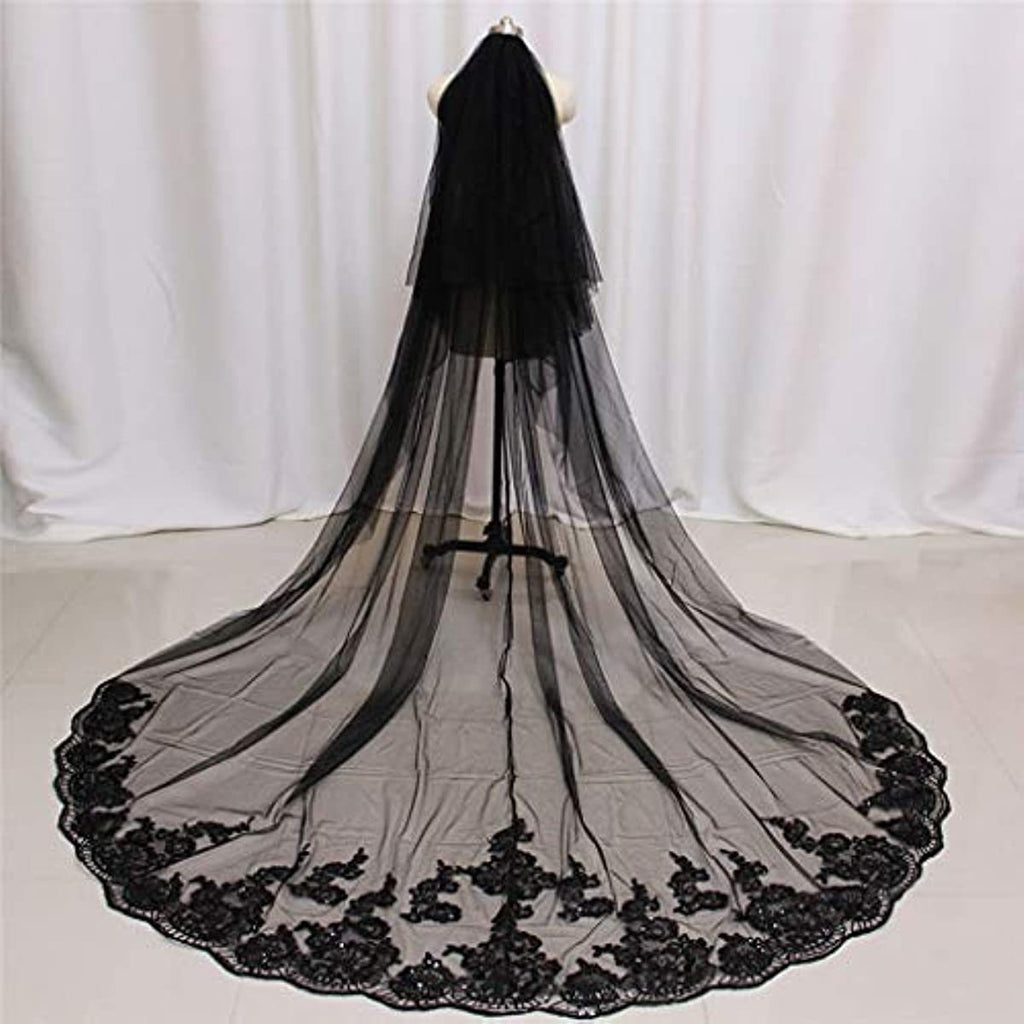 Black wedding veil with floral lace details on a white background