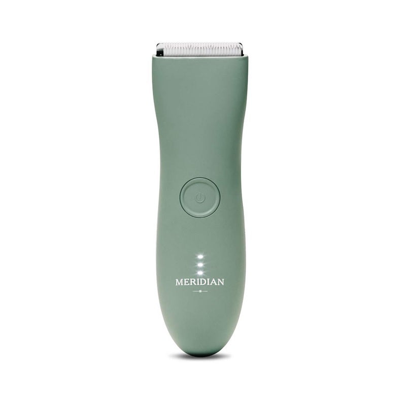 Green electric shaver with 'Meridian' branding on a white background