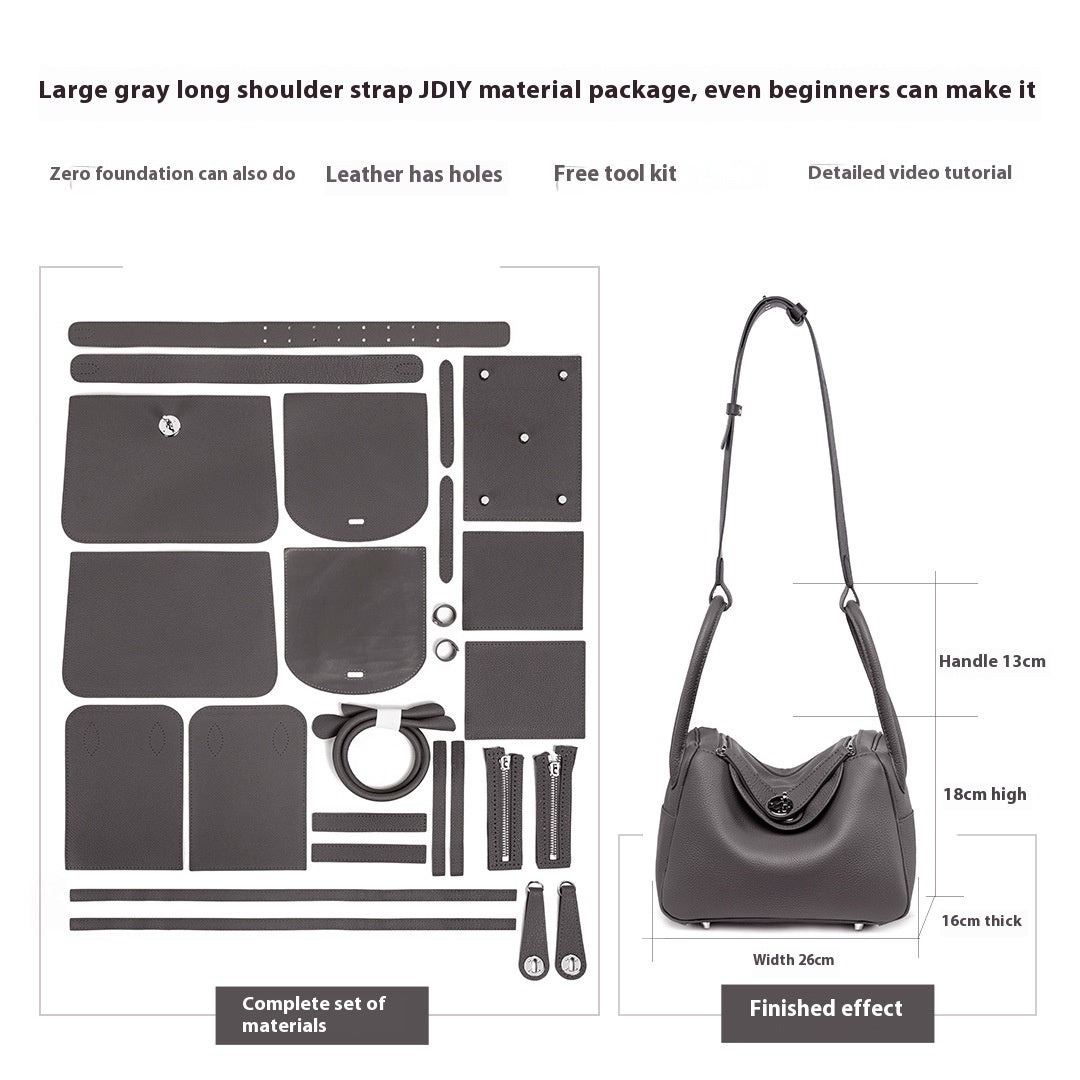 Gray handbag making kit with materials and finished product on a white background