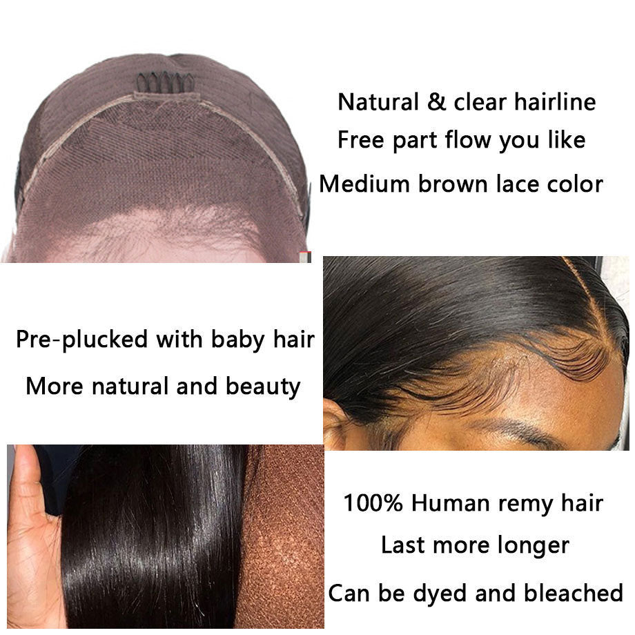 Wig with natural hairline and pre-plucked baby hair, medium brown lace color, 100% human remy hair.