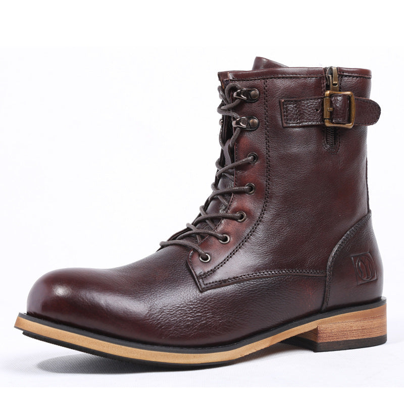 Brown leather boot with a buckle on a white background