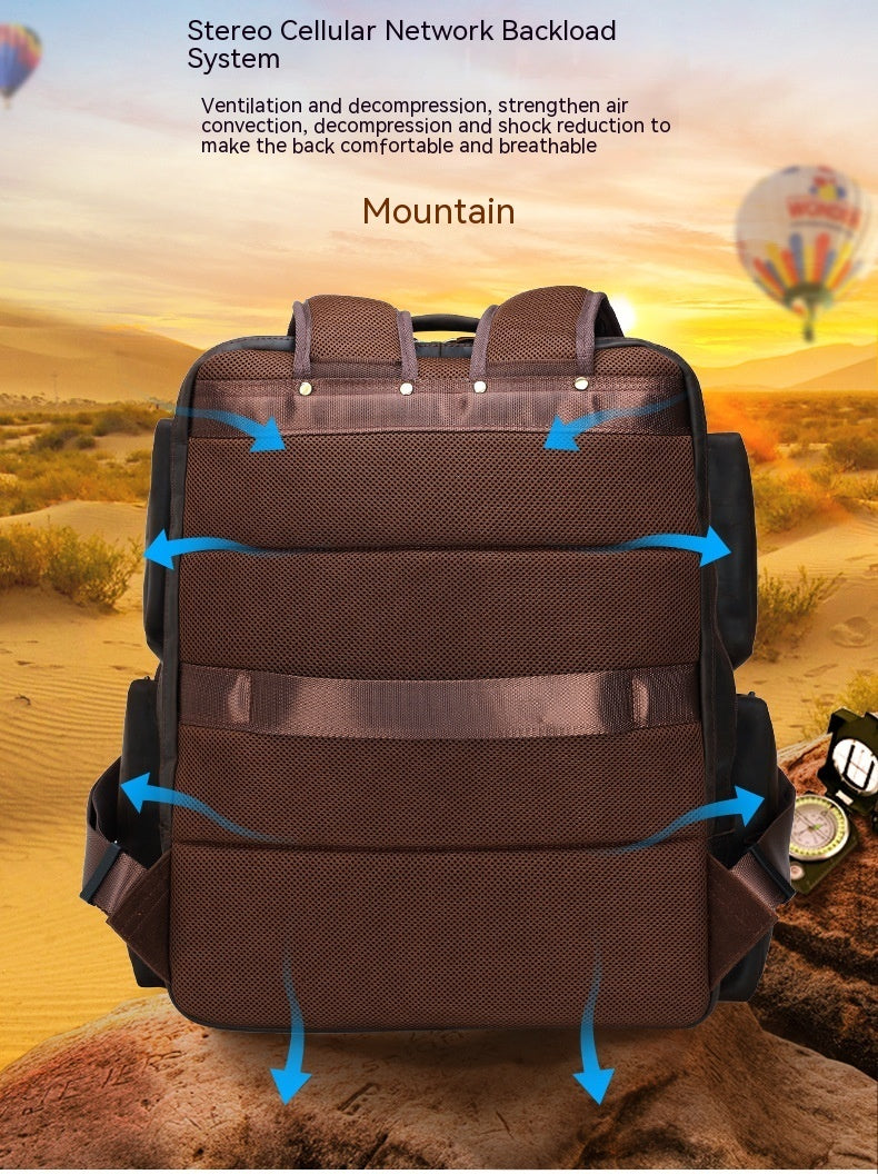 Brown backpack with blue arrows indicating features against a desert background with hot air balloons.