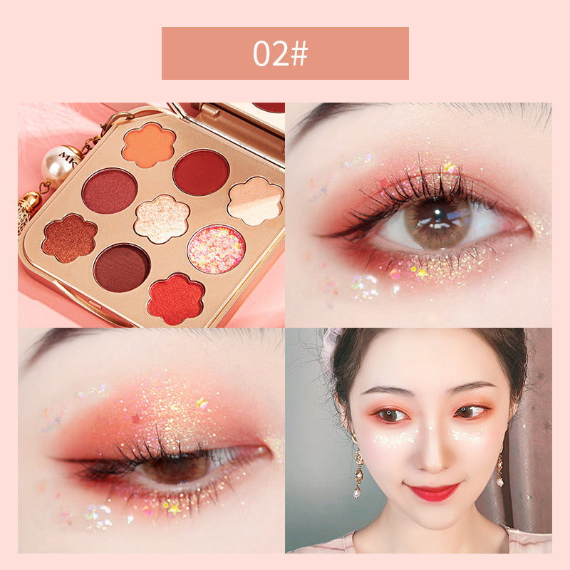 Makeup palette with eye makeup application and a woman's face with the product applied.