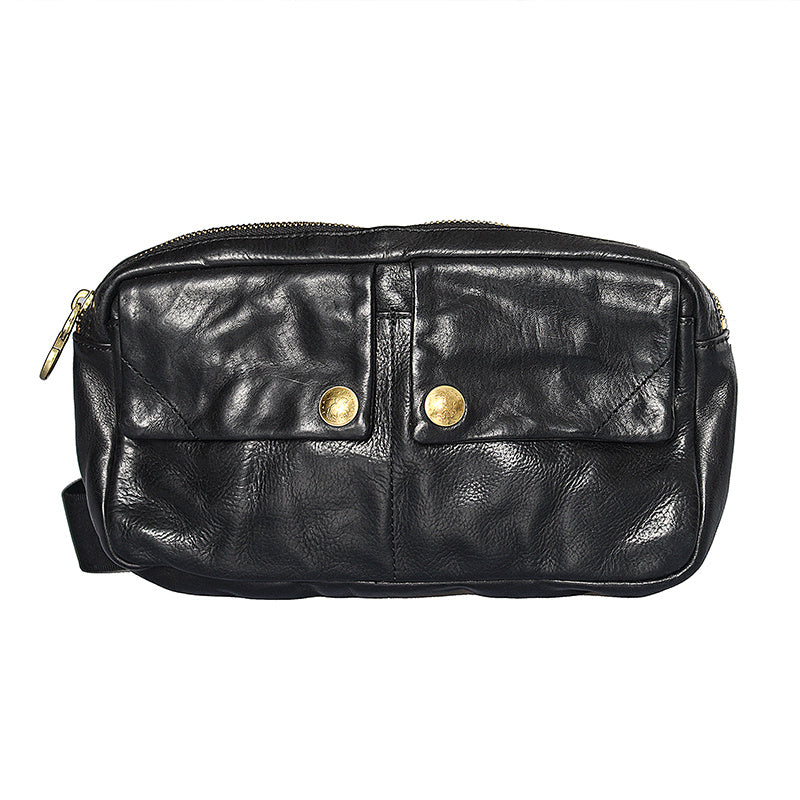 Black leather waist bag with gold buttons on a white background