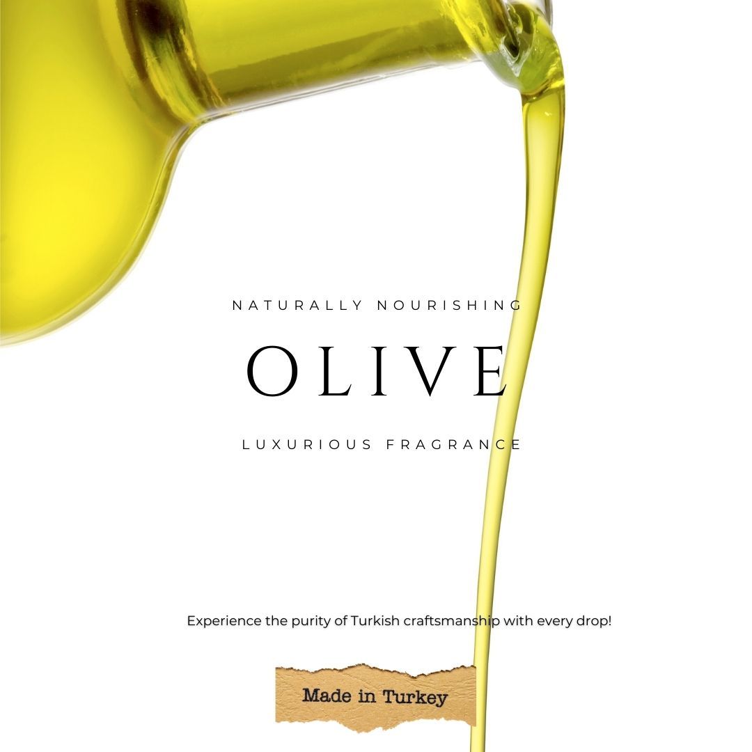 Olive oil being poured with text about olive oil's luxurious fragrance and Turkish craftsmanship.