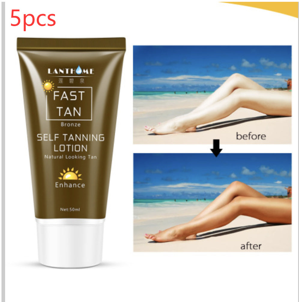 Tube of self-tanning lotion with before and after images on a beach background