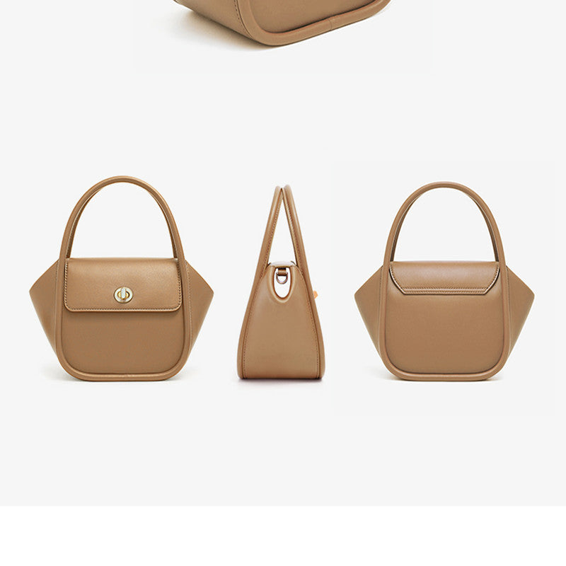 Three beige handbags shown from different angles on a white background