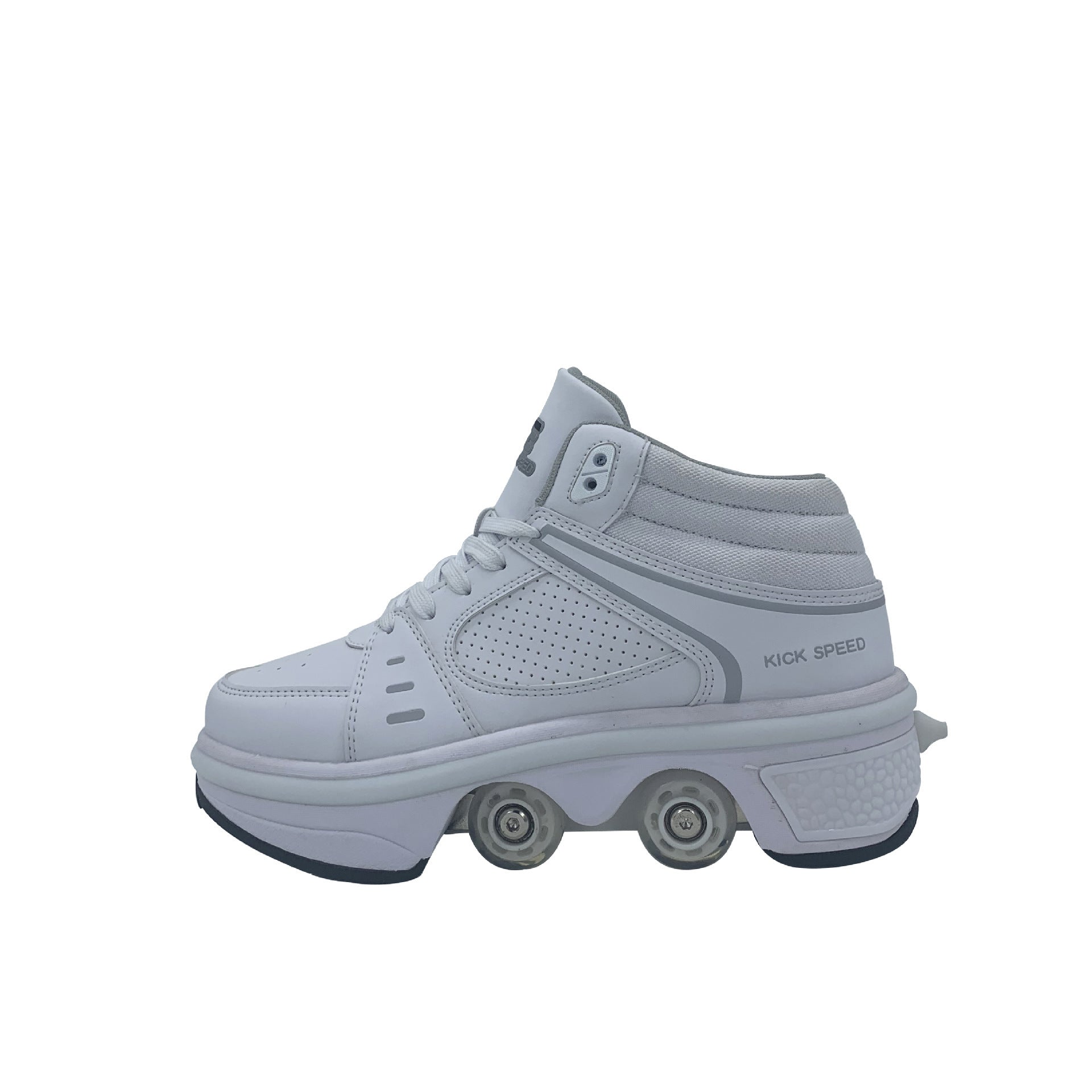 Gray high-top sneaker with roller skates on a white background
