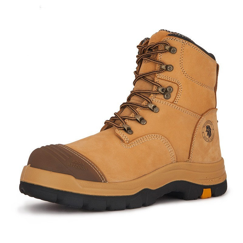 Tan work boot with brown accents on a white background