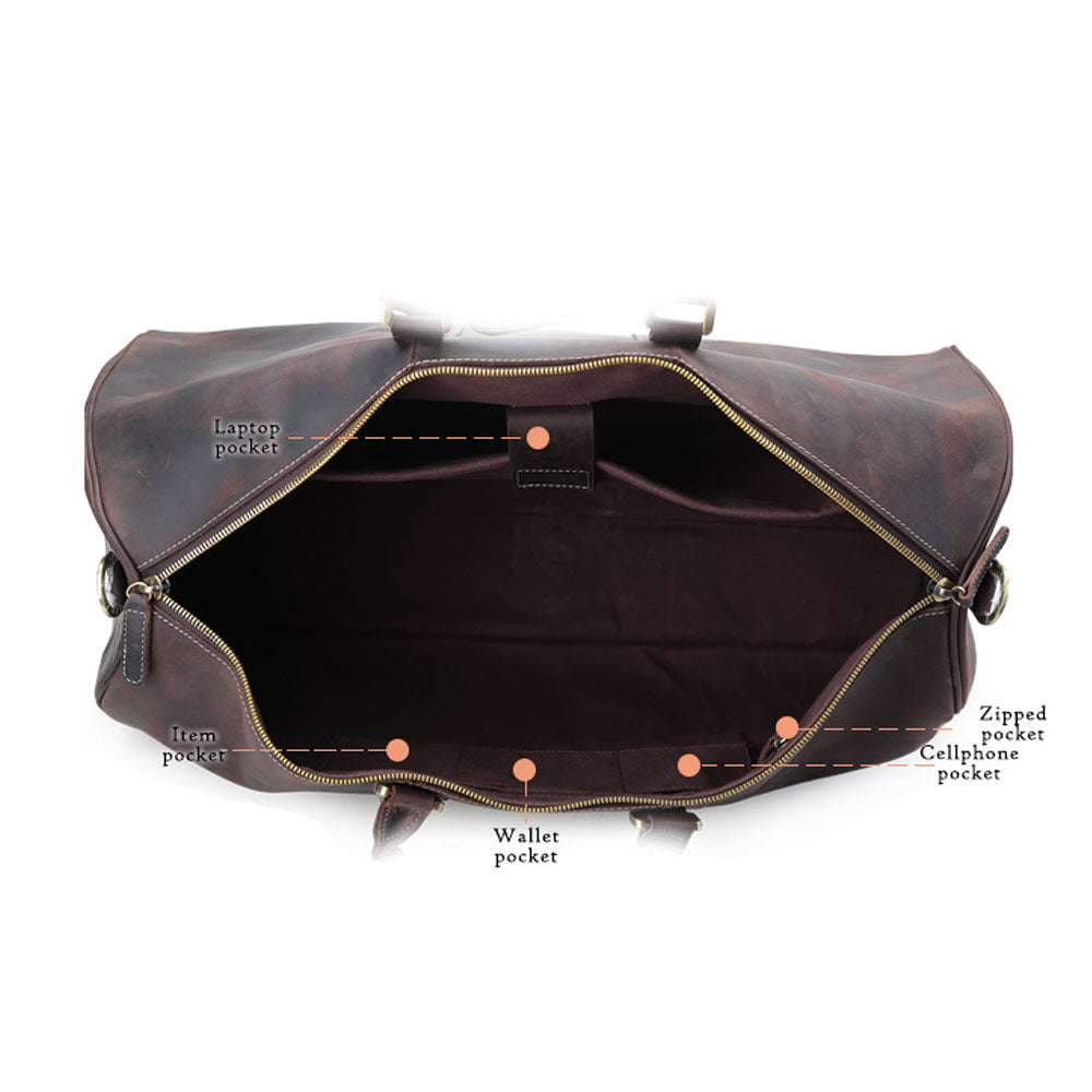 Brown leather duffel bag with labeled pockets on a white background