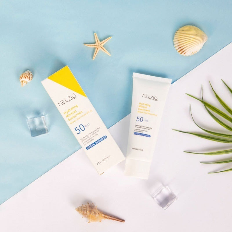 Sunscreen products with packaging labeled 'MELAO' on a light blue background with decorative elements.