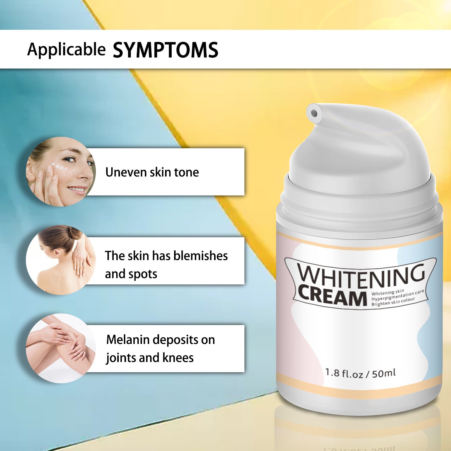 Whitening cream bottle with symptoms it addresses on a colorful background