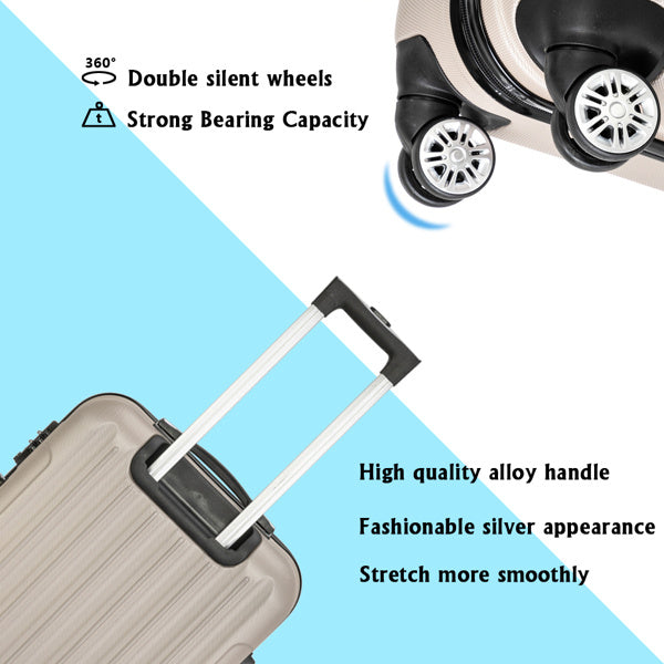 Suitcase with wheels and handle on a blue background, highlighting features like double silent wheels and high-quality alloy handle.