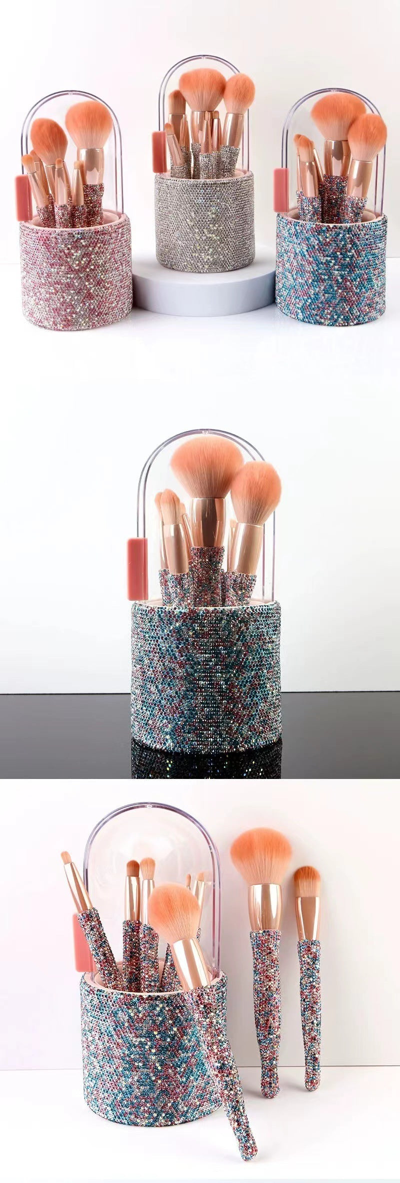 Set of makeup brushes in a decorative holder with glittery finish.