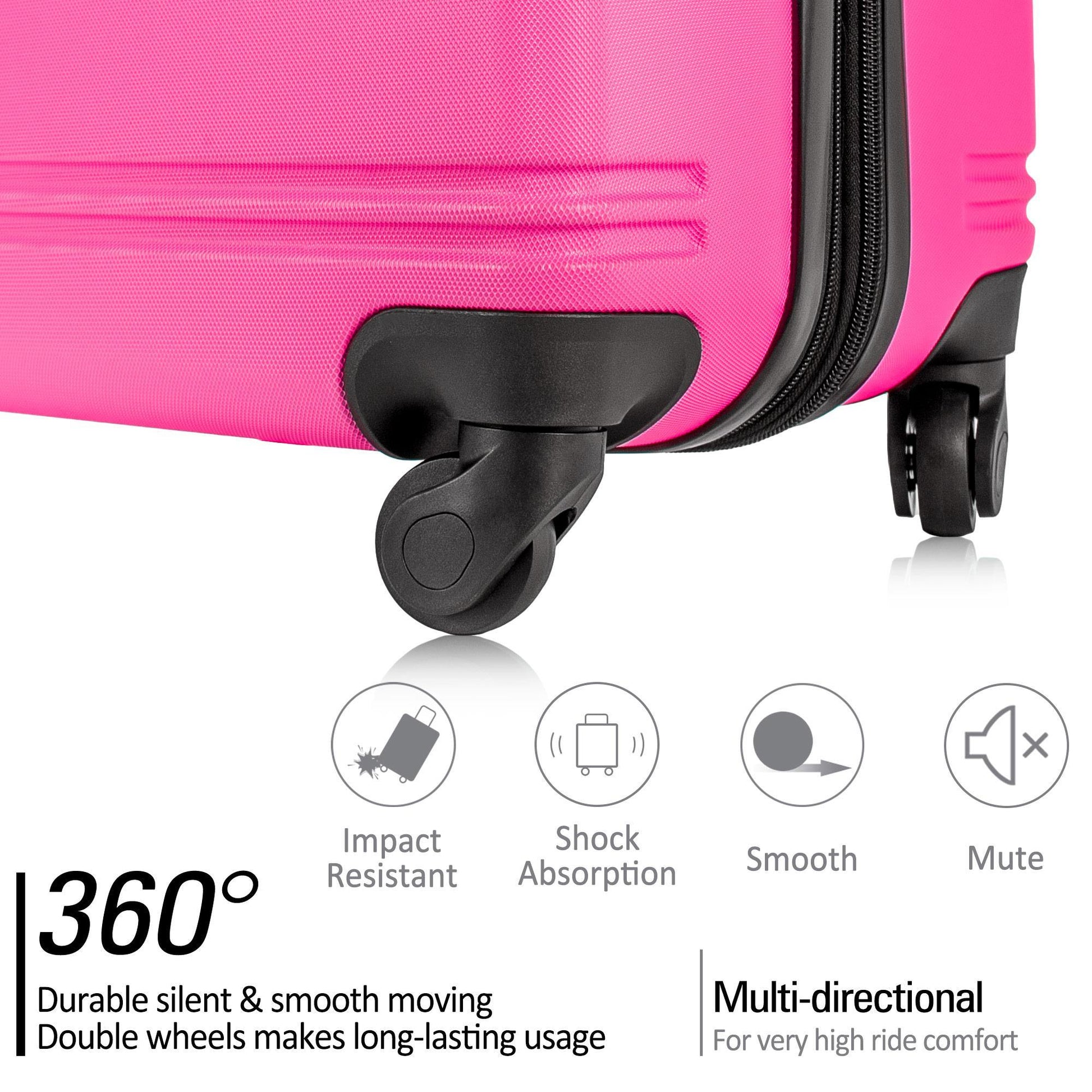 Pink suitcase with wheels and text highlighting features on a white background
