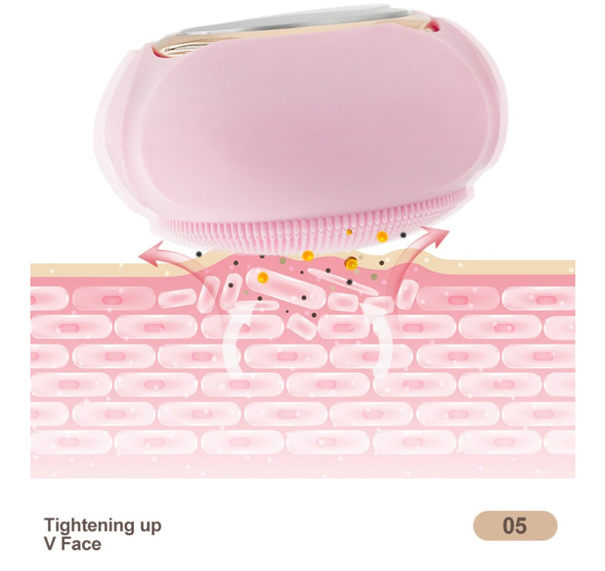 Pink facial device with skin layer illustration on a white background