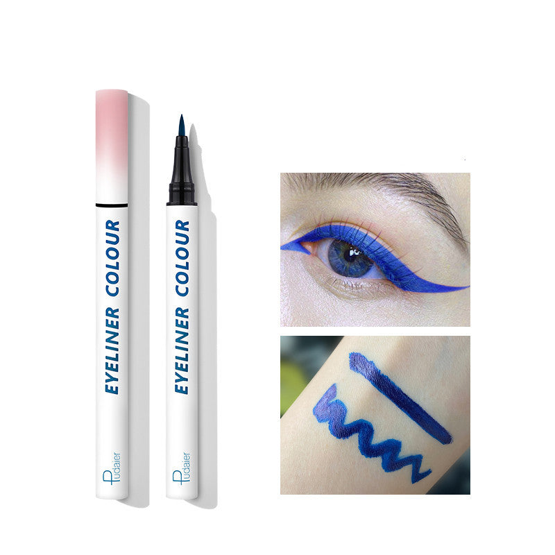 Eyeliner pen with packaging and application examples on a white background