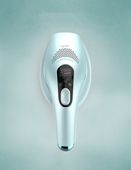 White hair straightener with brand logo on a light gray background
