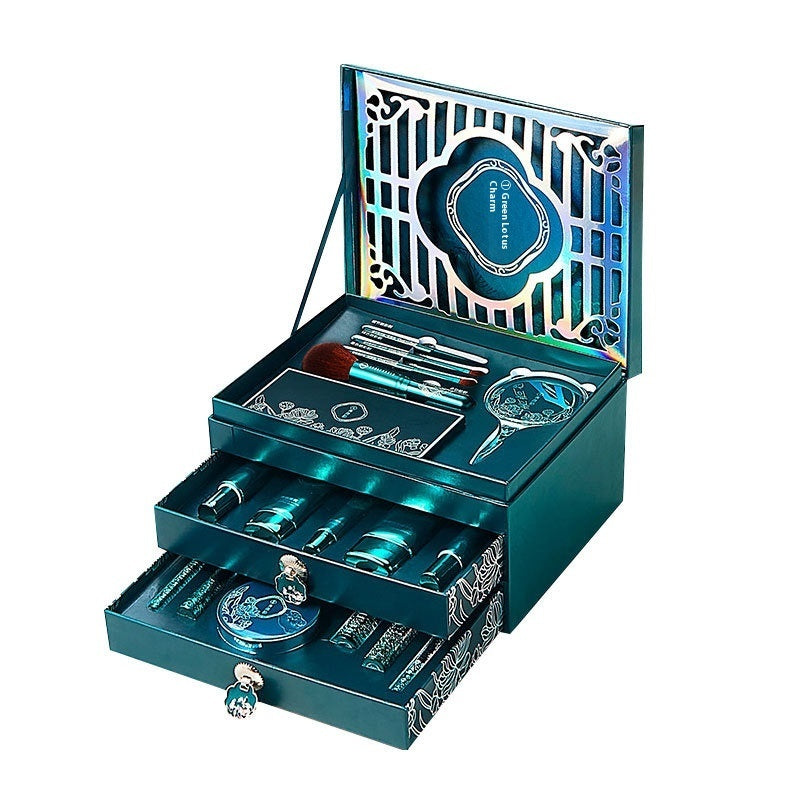 Teal makeup set with multiple compartments on a white background