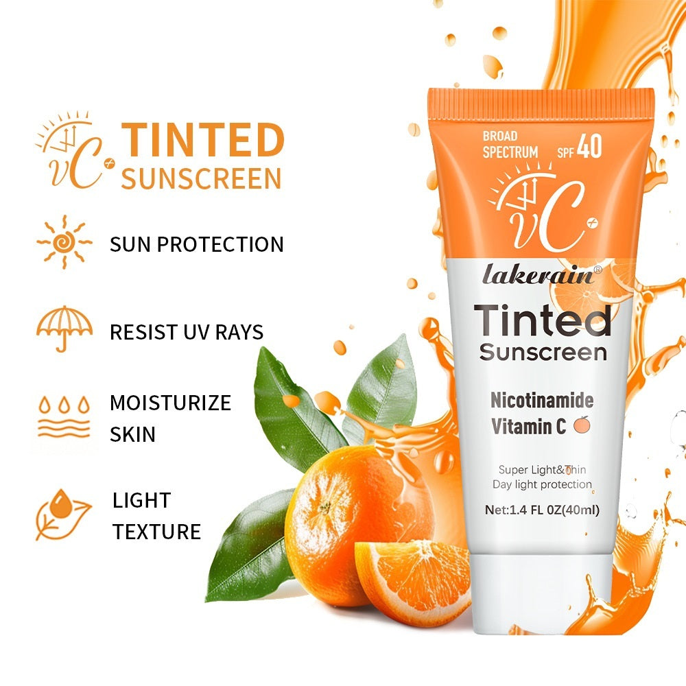 Lakerain Tinted Sunscreen packaging with orange slices and leaves on a white background