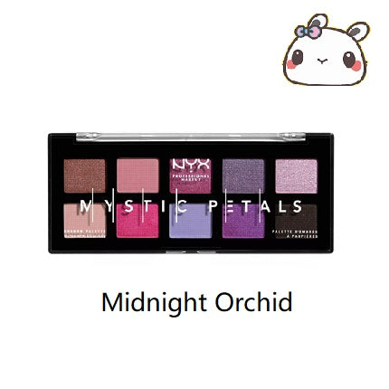 NYX Mystic Petals eyeshadow palette with 'Midnight Orchid' text on a white background