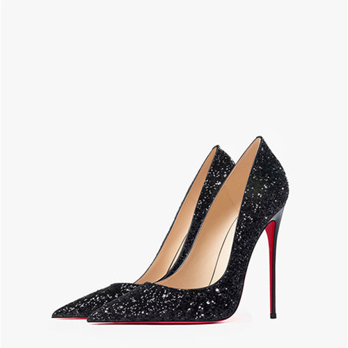 Black glitter high-heeled shoes with a red sole on a white background