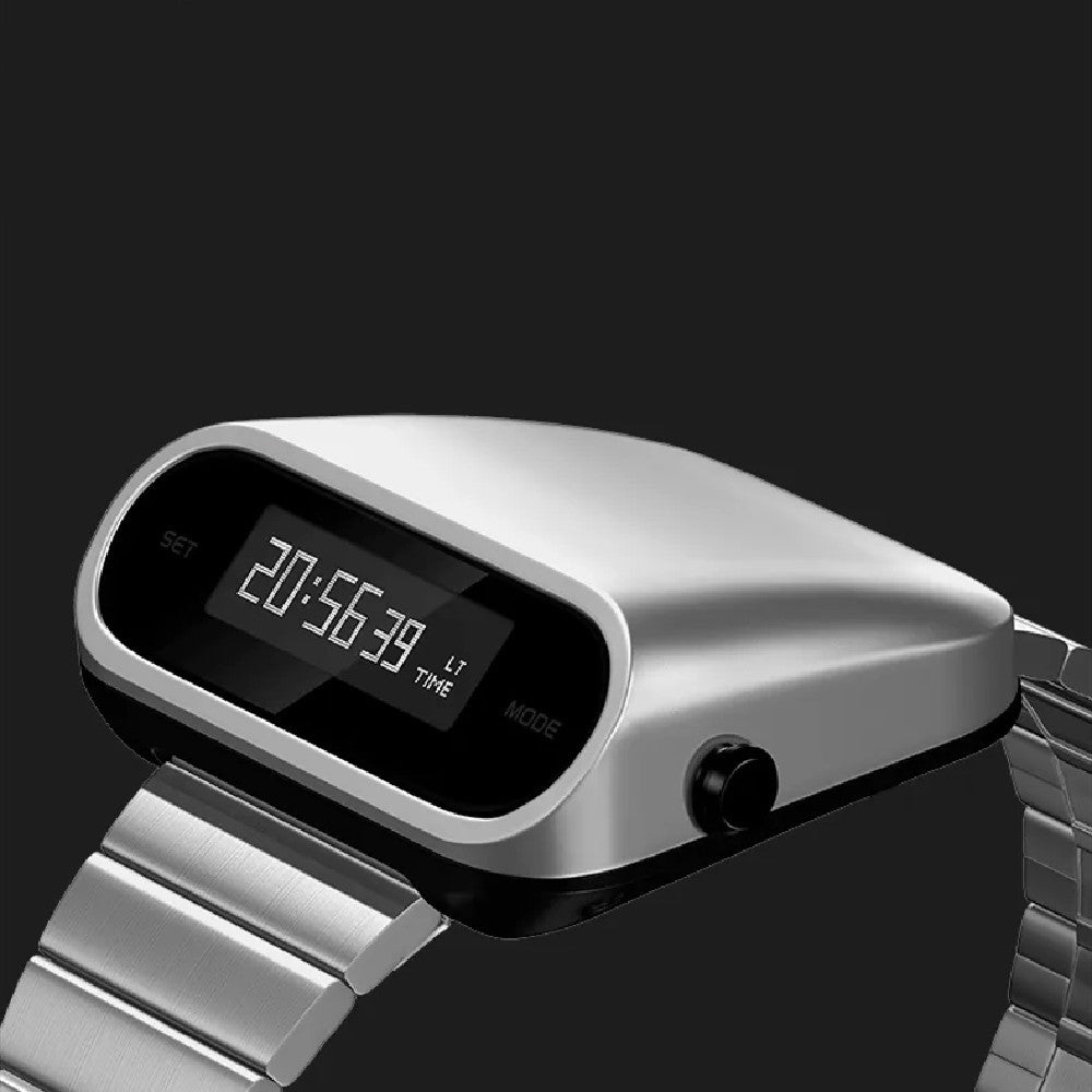 Silver smartwatch with digital display on a black background
