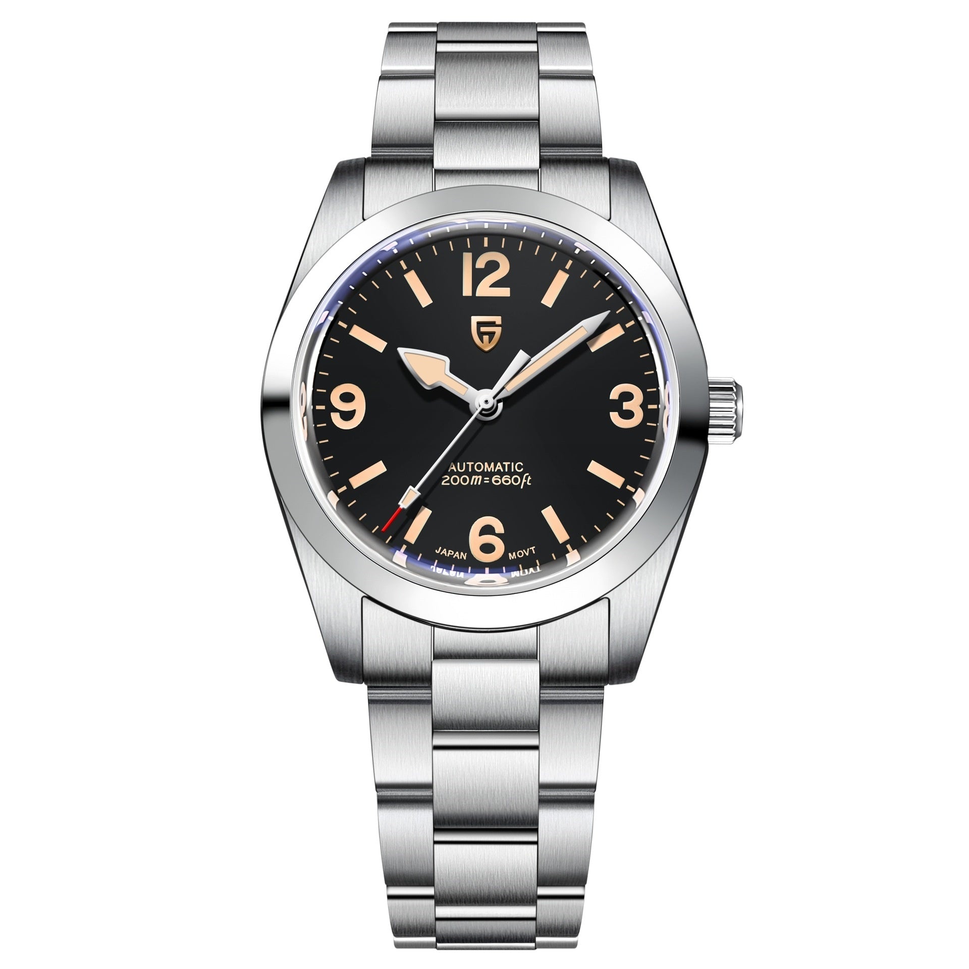 Silver wristwatch with black dial on a white background