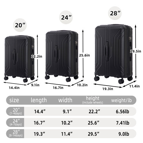 Comparison chart of three black suitcases with dimensions and weight details.