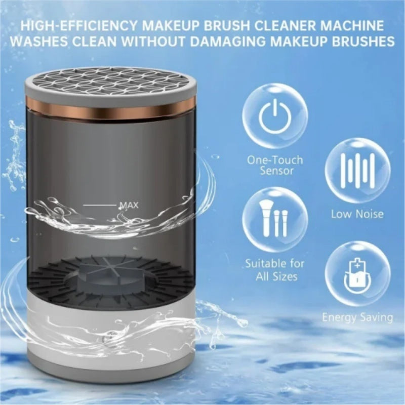 High-efficiency makeup brush cleaner machine with features on a blue background